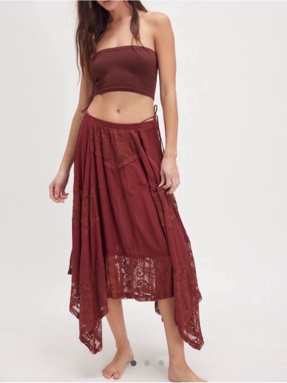 Free People Asymmetrical Lace Handkerchief Skirt - burgundy